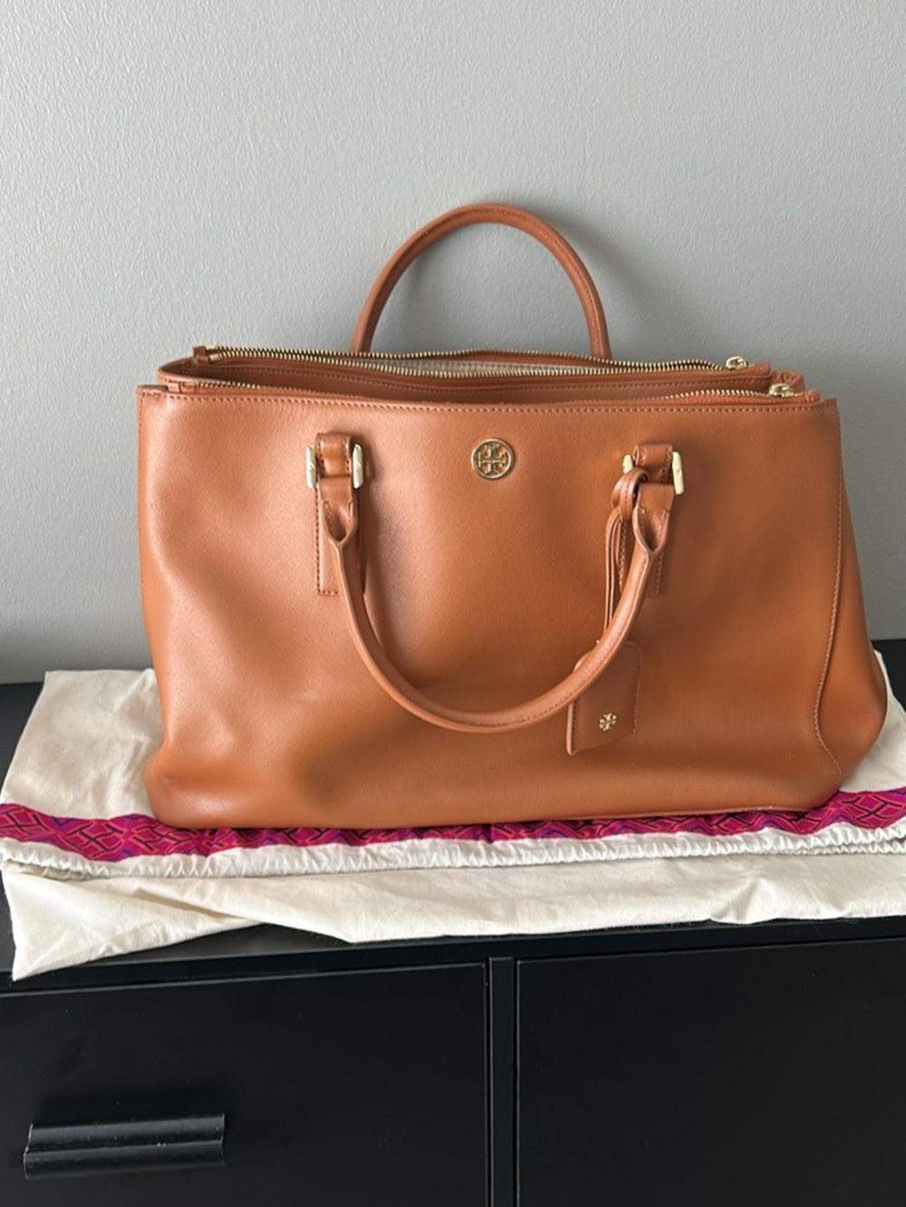 Tory Burch Cognac Leather Tote with Gold Hardware
